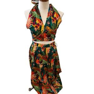 Revolve OPT One Pretty Time green tropical print halter & maxi skirt set S